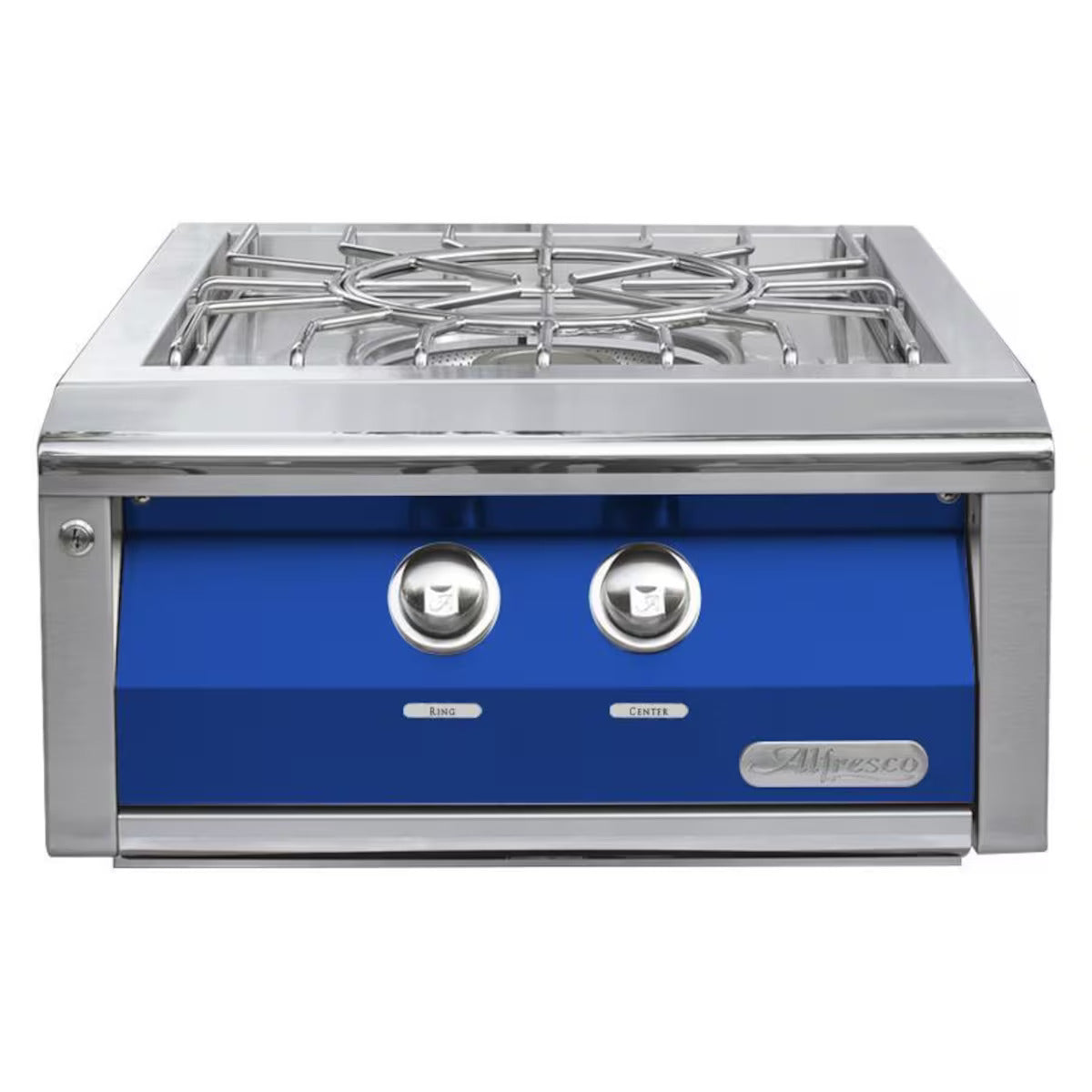 Stainless steel gas cooktop with blue front panel on a white background