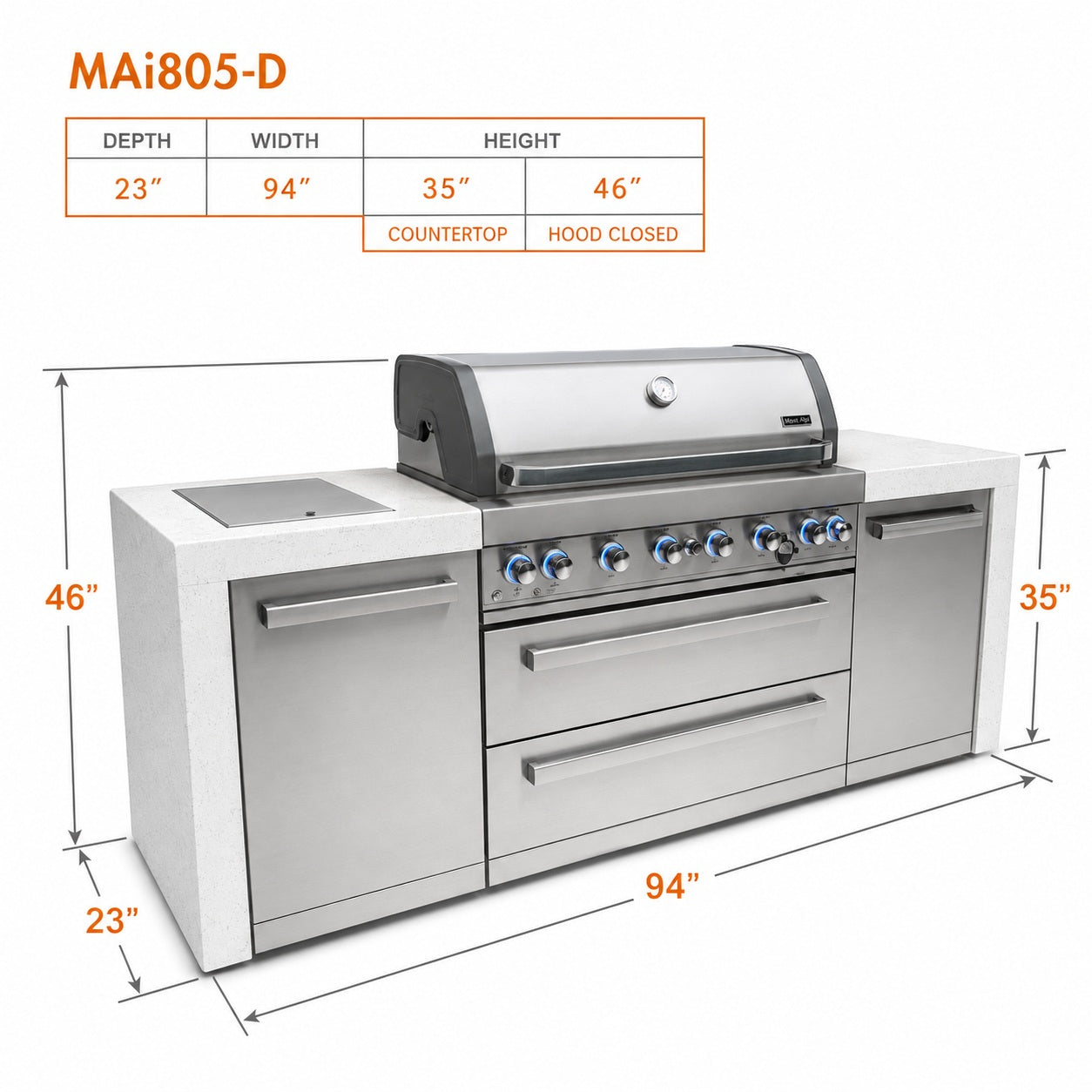 Mont Alpi MAi805-D Deluxe 6-Burner Outdoor Kitchen spec sheet on a white background