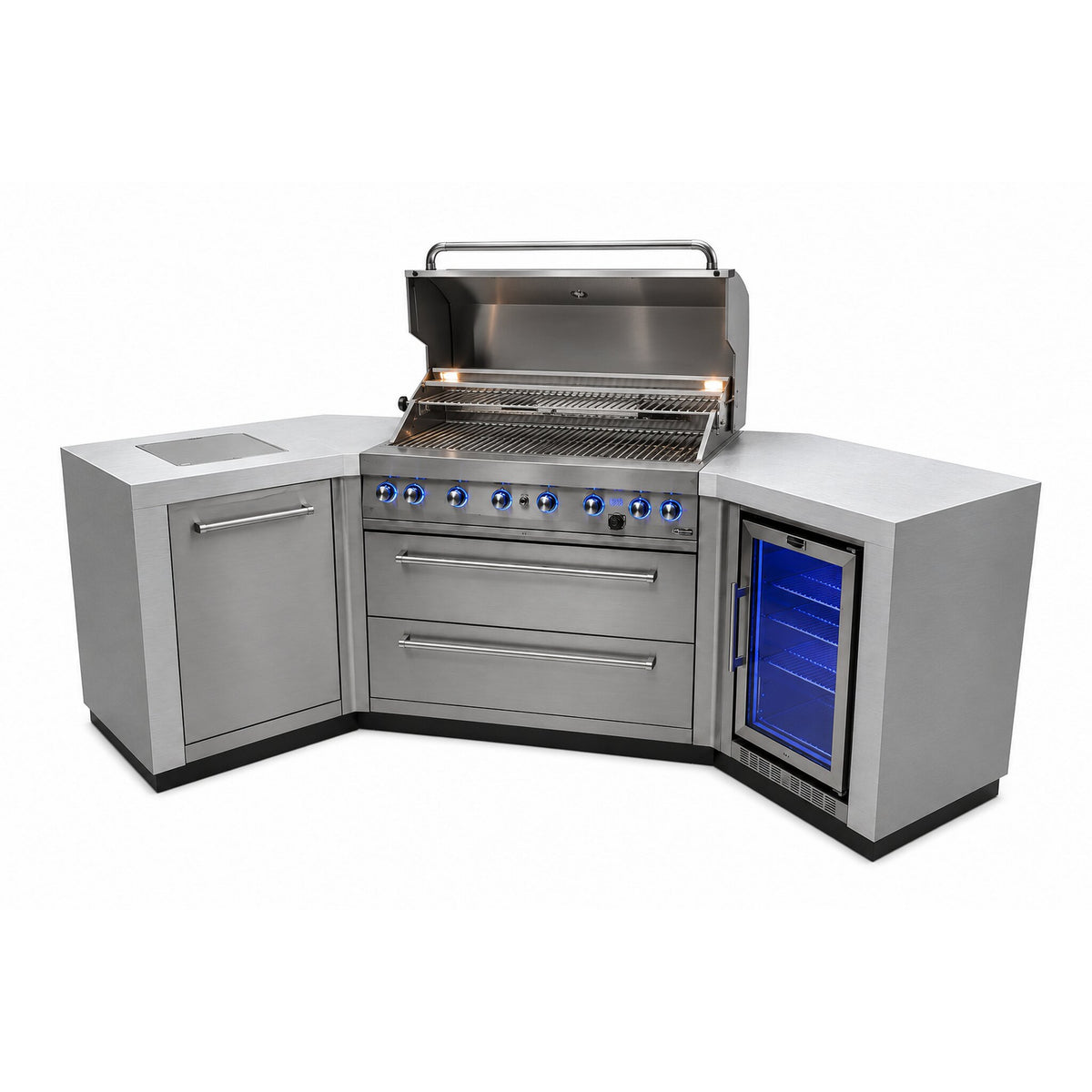Mont Alpi MAi805-D45FC Deluxe 6-Burner Outdoor Kitchen with 45-Degree Corners and Refrigerator with grill lid open on a white background
