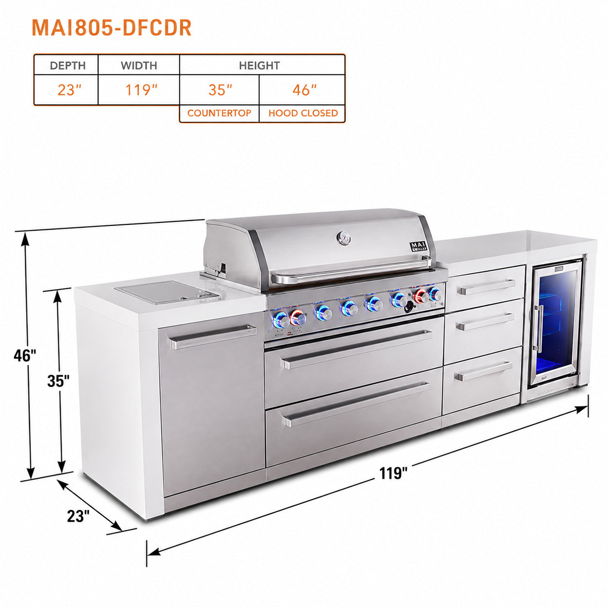 Mont Alpi MAi805-DFCDR Deluxe Outdoor Kitchen with Refrigerator and Drawer Storage spec sheet on a white background