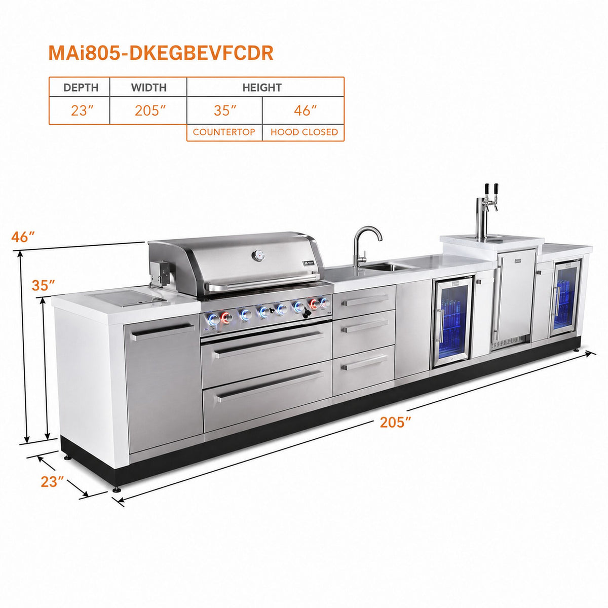 Mont Alpi MAi805-DKEGBEVFCDR Deluxe Outdoor Kitchen with Kegerator, Beverage Center and Drawer Storage spec sheet on a white background