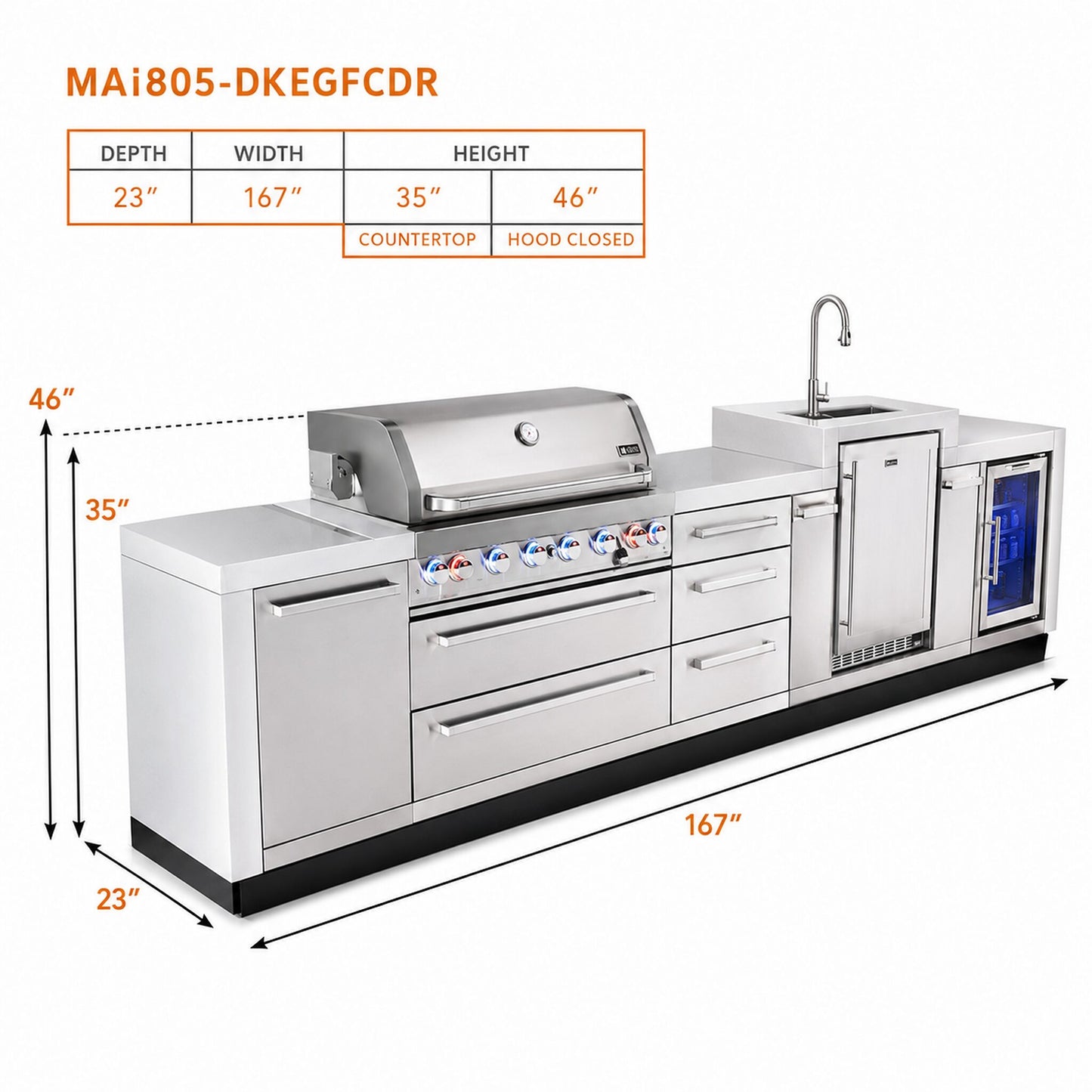 Mont Alpi MAi805-DKEGFCDR Deluxe Outdoor Kitchen with Kegerator, Refrigerator and Drawer Storage on a white background