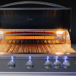 Modern gas grill with glowing burners and control knobs on a black background