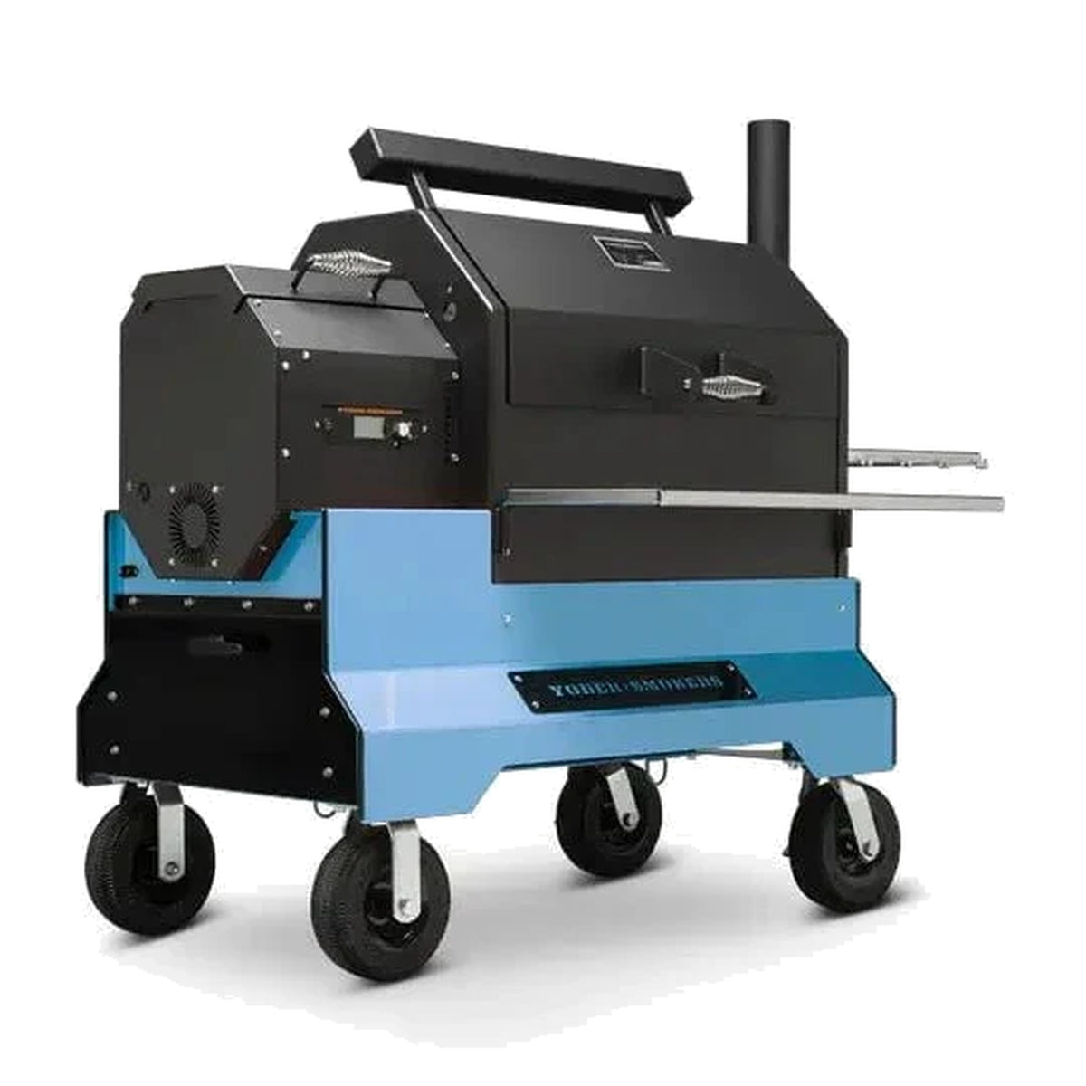 A Light Blue Yoder Smokers ys640 Comp Cart with drawer on 8" Wheels on a white Background