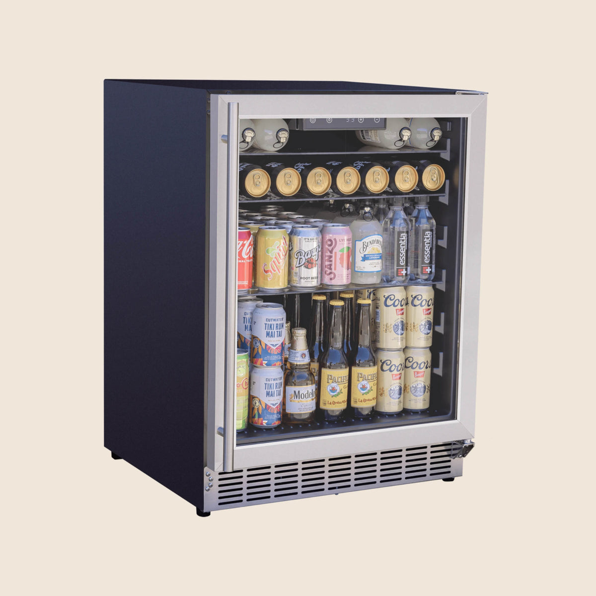 24"  Summerset Outdoor Rated Refrigerator with Glass Door and Glass Shelves on an angle on a white background