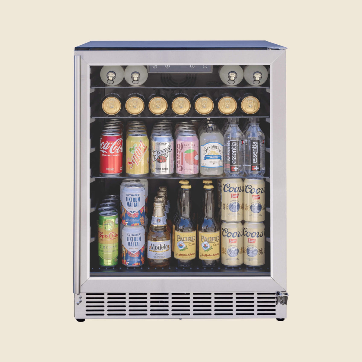 24"  Summerset Outdoor Rated Refrigerator with Glass Door and Glass Shelves with drinks in the refrigerator on a white background
