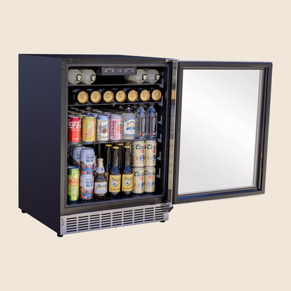 24"  Summerset Outdoor Rated Refrigerator with Glass Door and Glass Shelves with door open on a white background