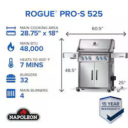 Rogue® PRO-S 525 Propane Gas Grill with Infrared Side and Rear Burners, Stainless Steel