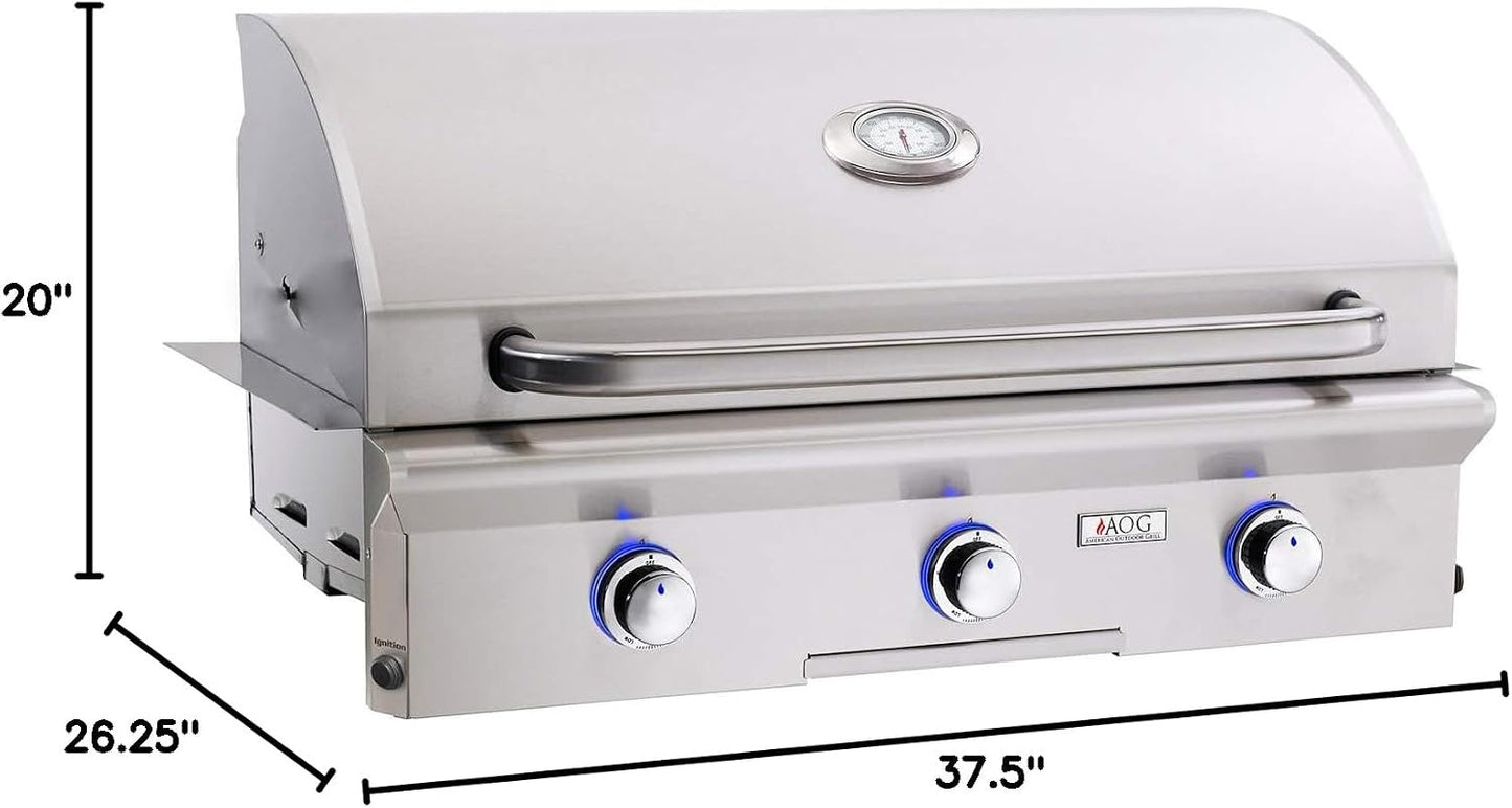 American Outdoor Grill L-Series 36-Inch 3-Burner Built-In With Rotisserie on a white background with grill dimensions