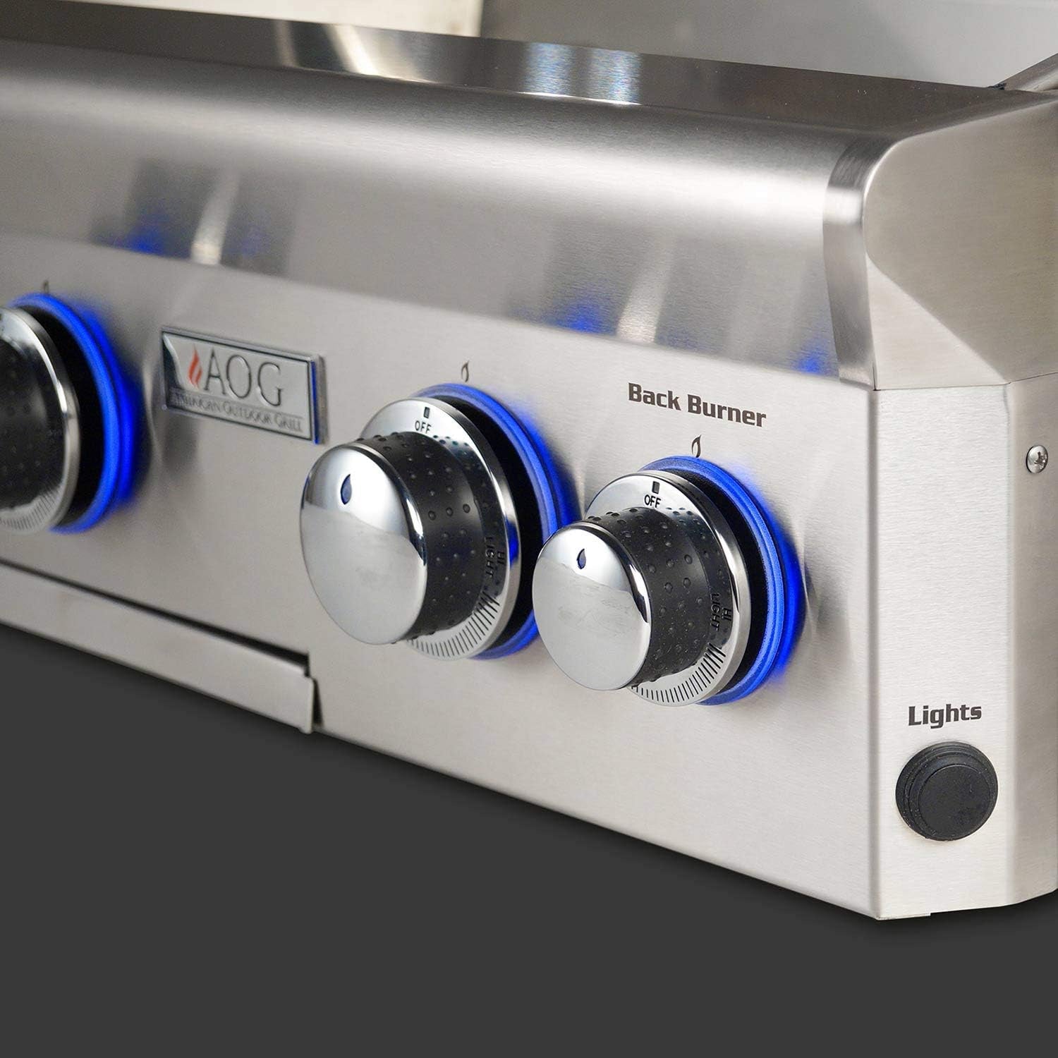 Close up of panel on American Outdoor Grill L-Series 36-Inch 3-Burner Built-In With Rotisserie on a black background
