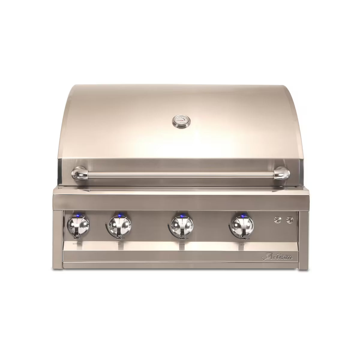 Stainless steel grill with four burners on a white background