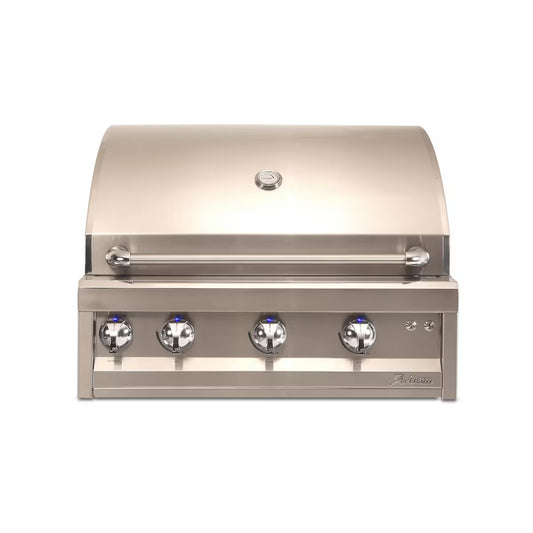 Stainless steel grill with four burners on a white background