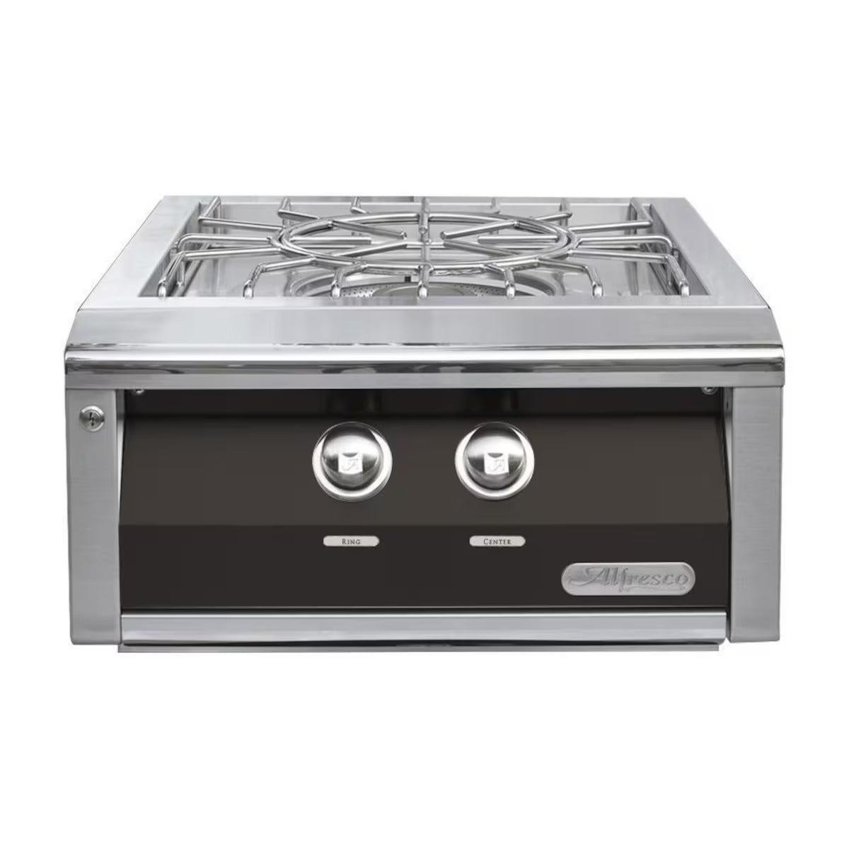 Stainless steel gas cooktop with black base on a white background