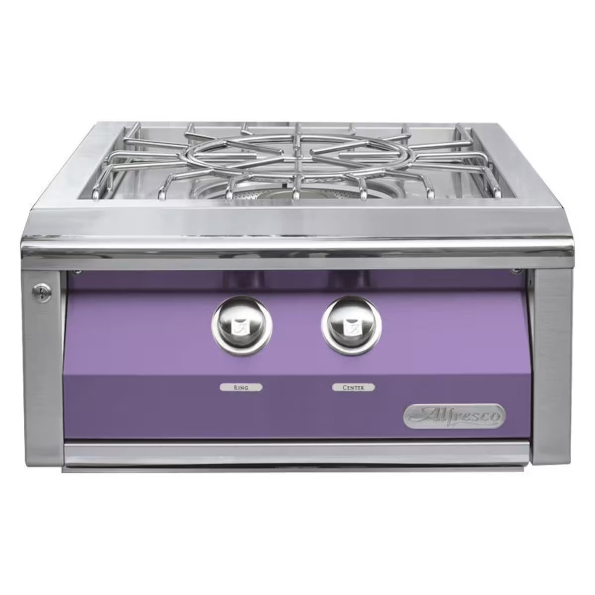 Stainless steel gas cooktop with purple control panel on a white background