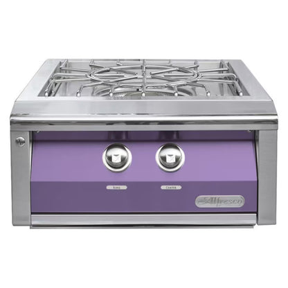 Stainless steel gas cooktop with purple control panel on a white background