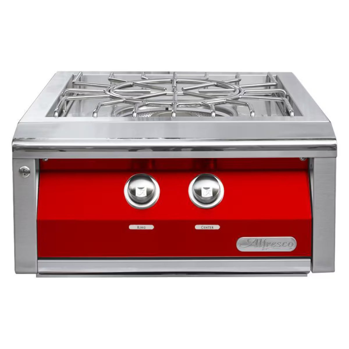Stainless steel cooktop with red lower section on a white background