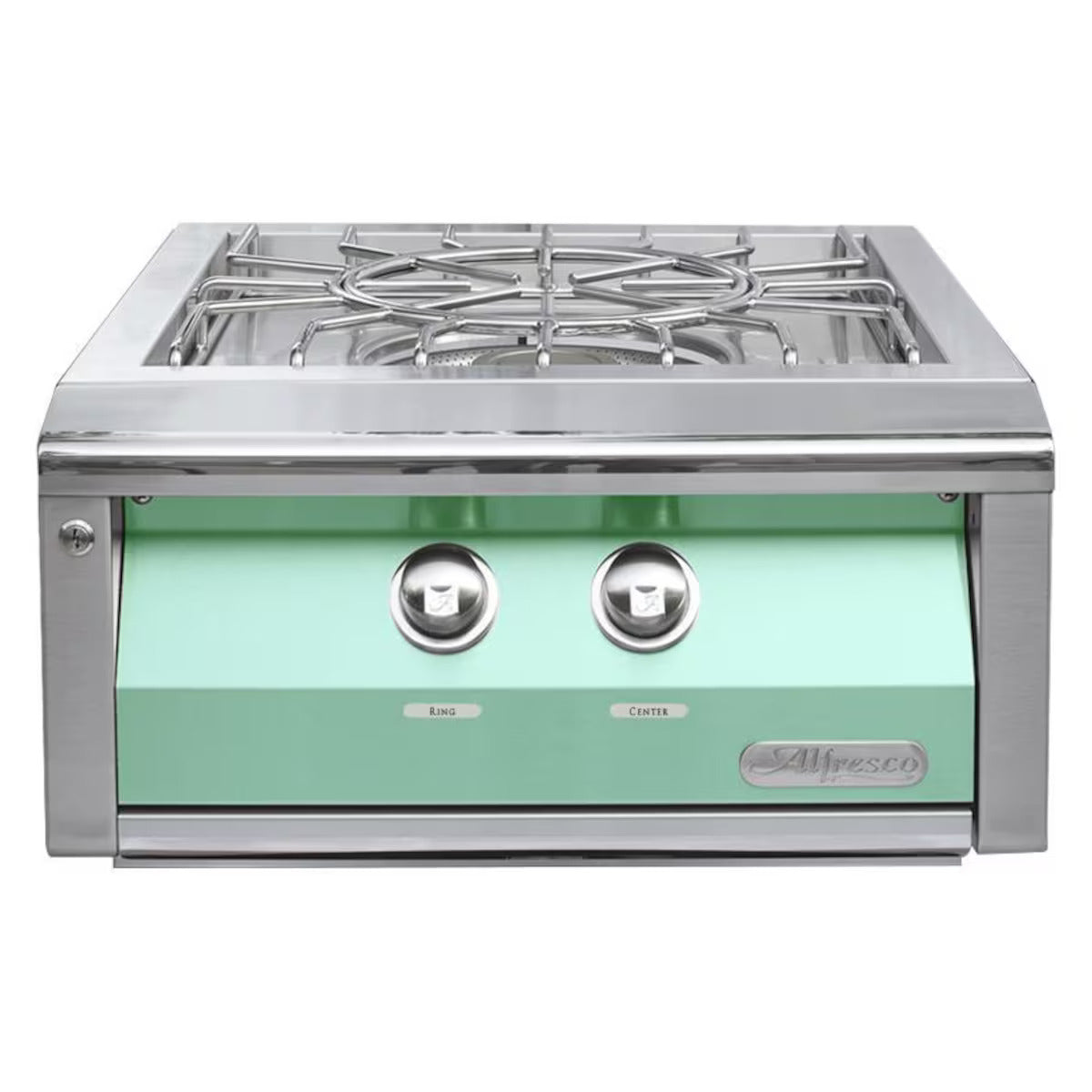 Stainless steel gas cooktop with green glass panel on a white background