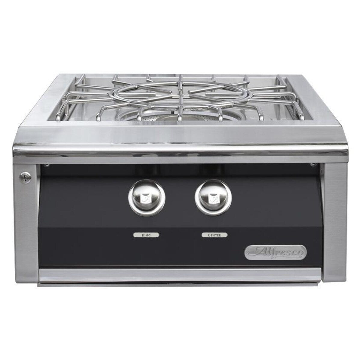 Stainless steel gas cooktop with black base on a white background