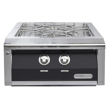 Stainless steel gas cooktop with black base on a white background
