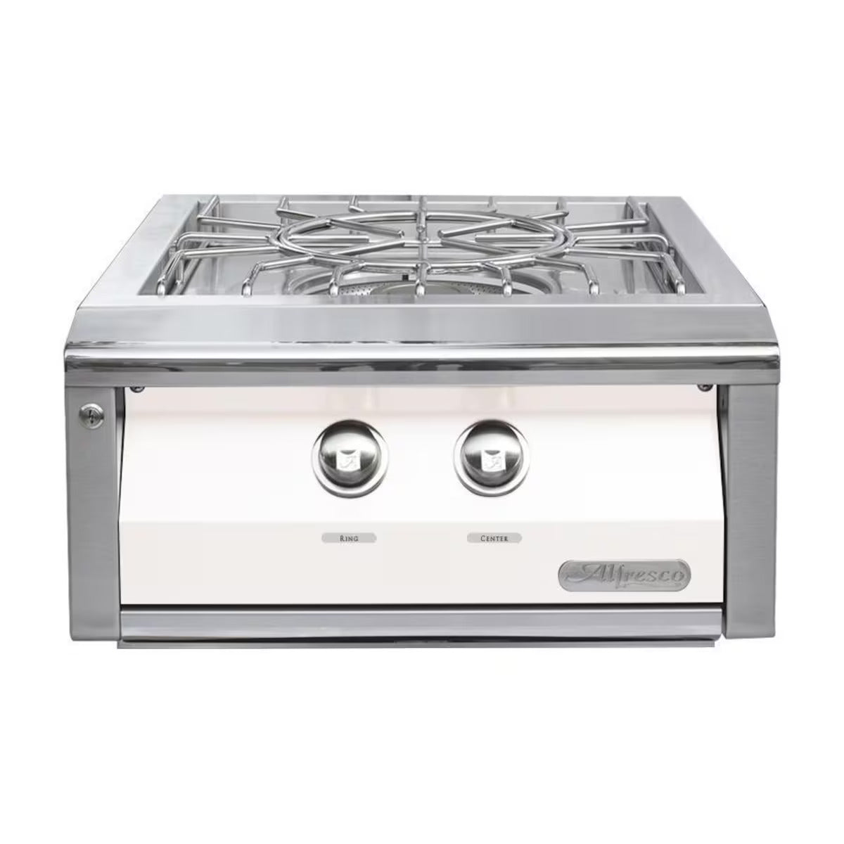 Stainless steel gas cooktop with two burners on a white background