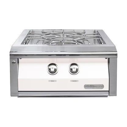 Stainless steel gas cooktop with two burners on a white background