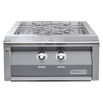 Stainless steel gas cooktop with two knobs on a white background