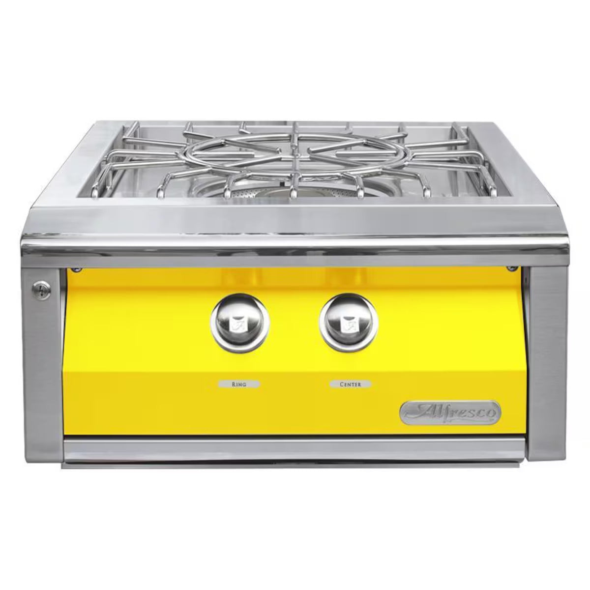 Stainless steel gas stove with yellow front panel on a white background