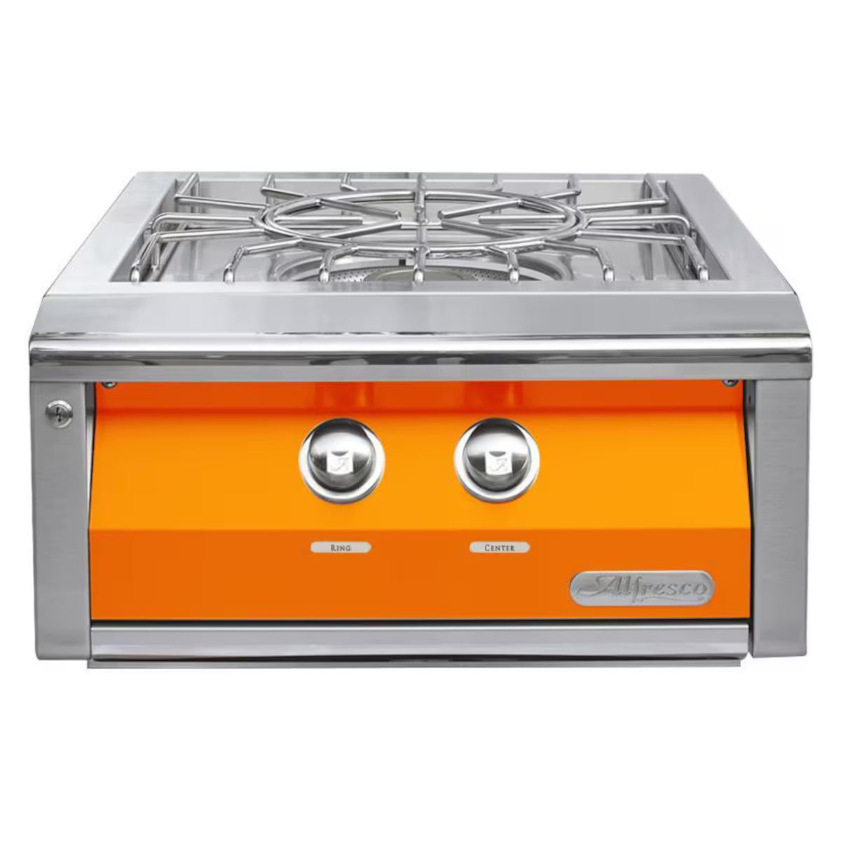 Stainless steel stove with orange front panel on a white background