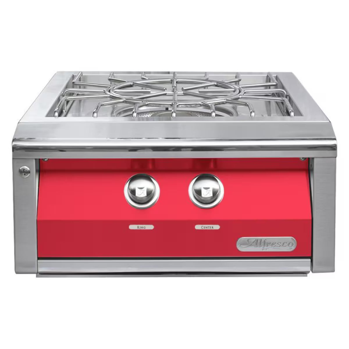 Stainless steel gas cooktop with red front panel on a white background