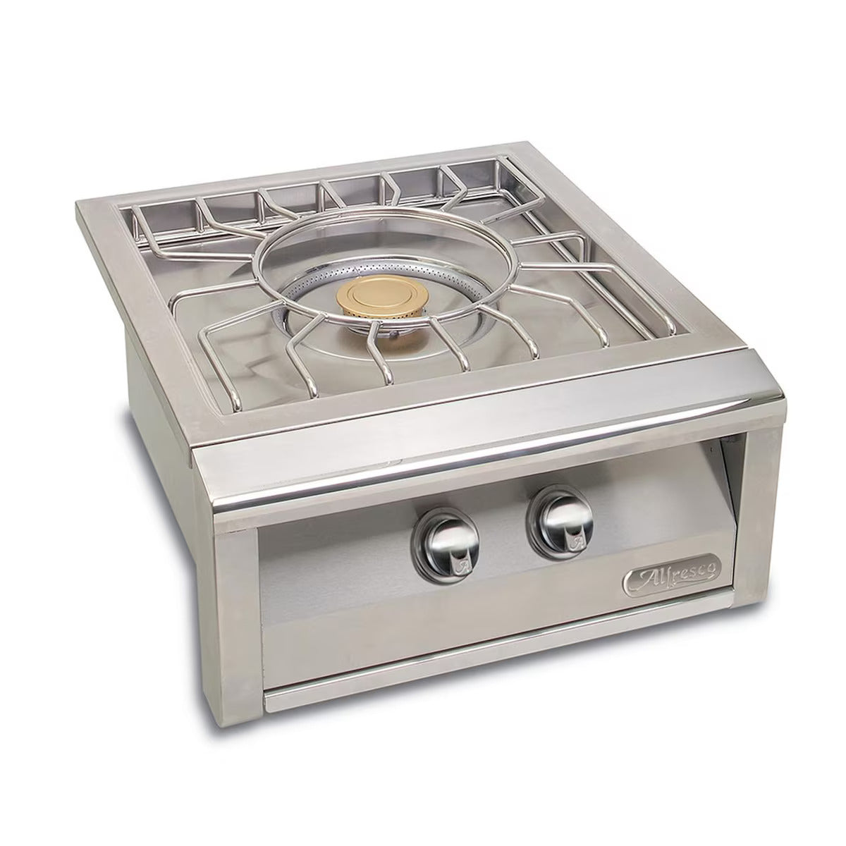 Stainless steel gas cooktop with two knobs on a white background