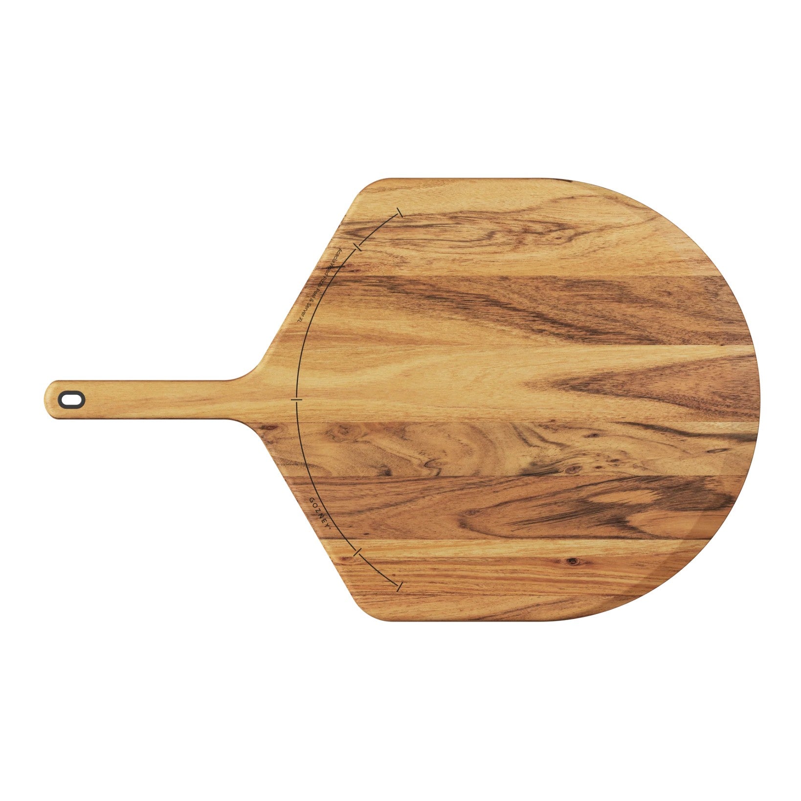 Wooden pizza peel with a handle on a white background