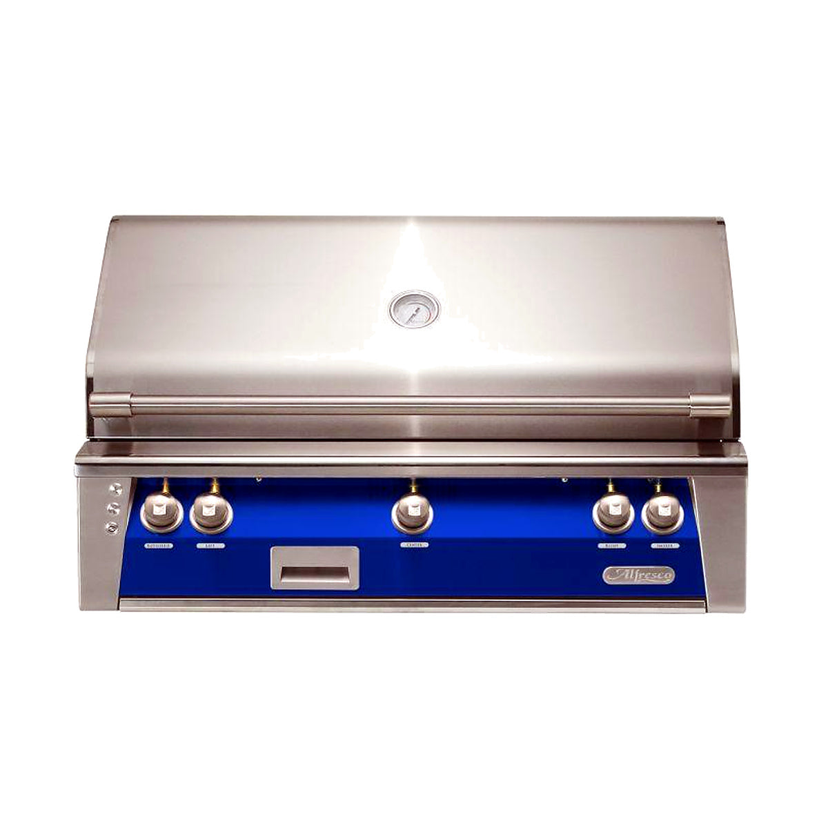 Alfresco 42” Luxury Grill with a Ultramarine Blue front on a white background