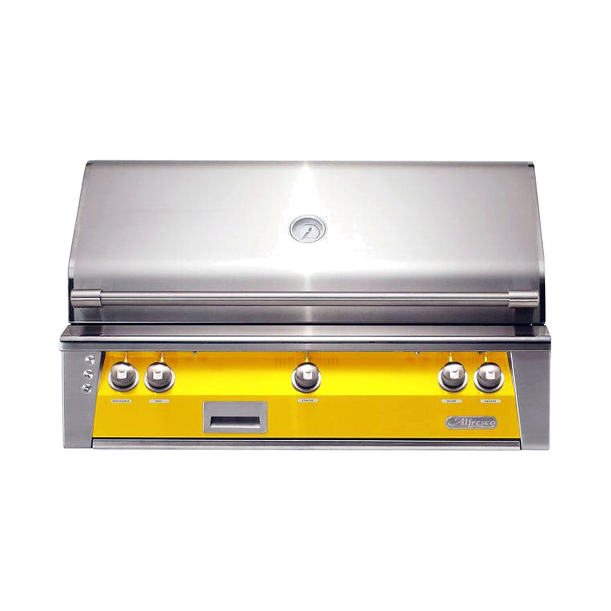 Alfresco 42” Luxury Grill with a Traffic Yellow front on a white background