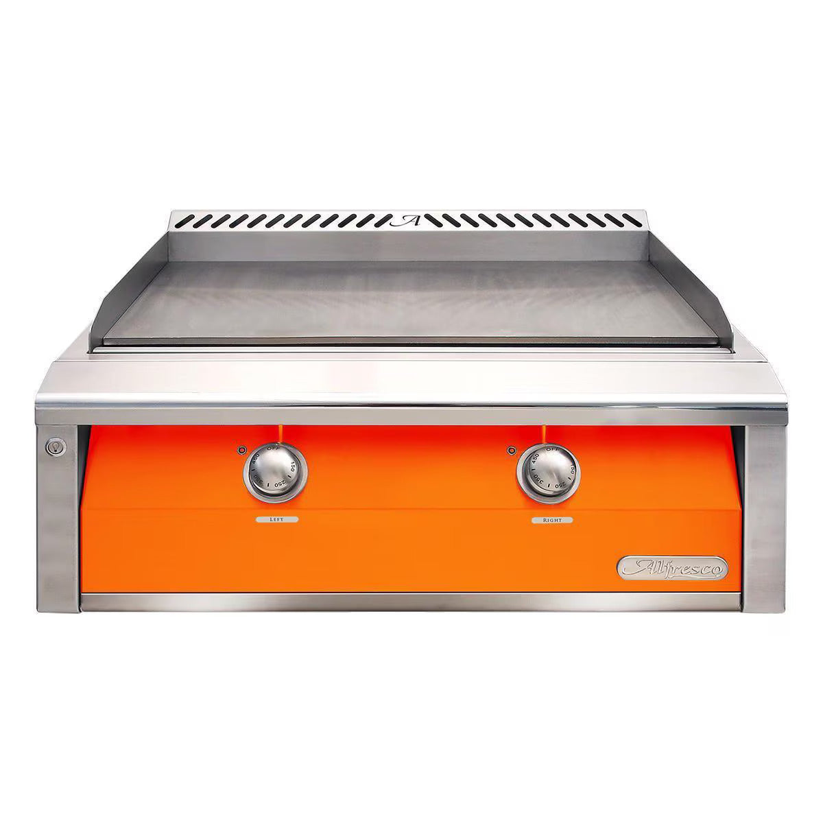 Alfresco 30" Built In Gas Griddle with Luminous Orange Front on a white background