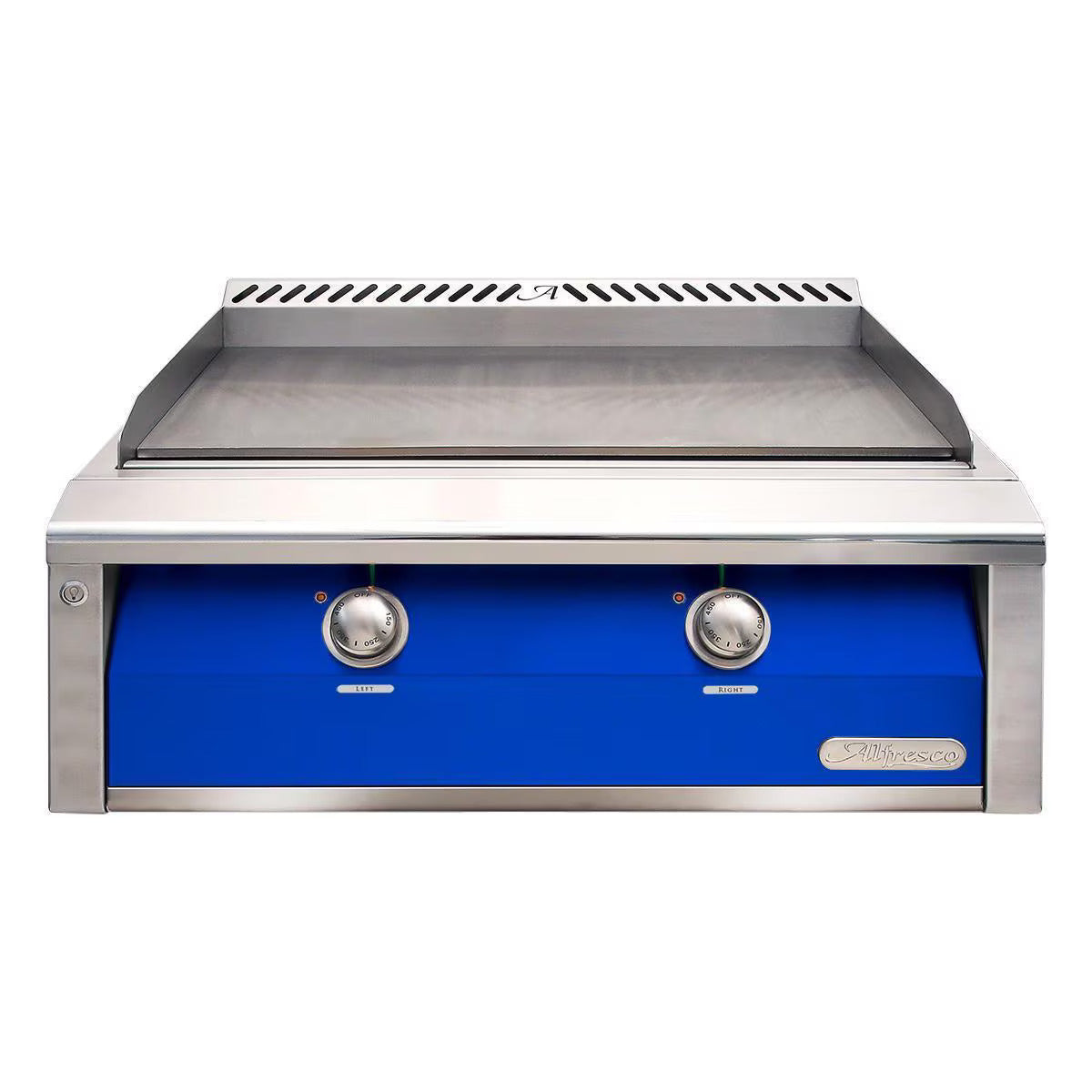 Alfresco 30" Built In Gas Griddle with Ultramarine Blue Front on a white background