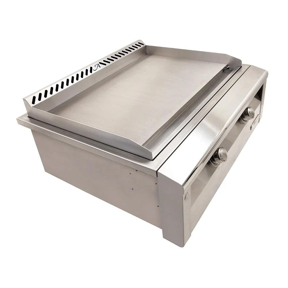 Alfresco 30" Built In Gas Griddle with Stainless Steel Front on an angle on a white background