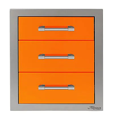 Alfresco 17" Three-Tier Storage Drawers in Luminous Orange on a white background