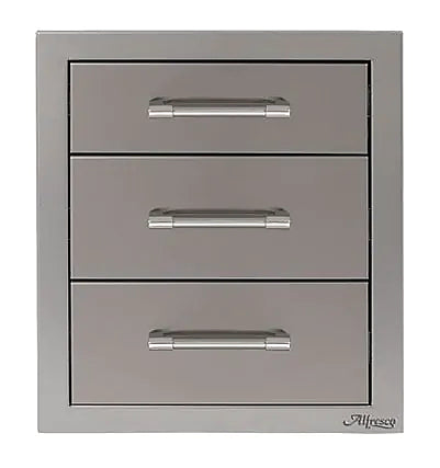 Alfresco 17" Three-Tier Storage Drawers in Stainless Steel on a white background