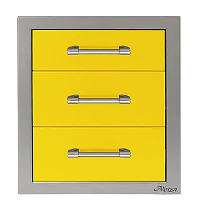 Alfresco 17" Three-Tier Storage Drawers in Traffic Yellow on a white background