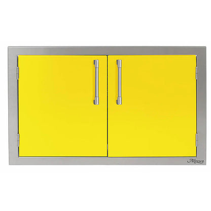 Alfresco Double Access Doors in traffic yellow on a white background
