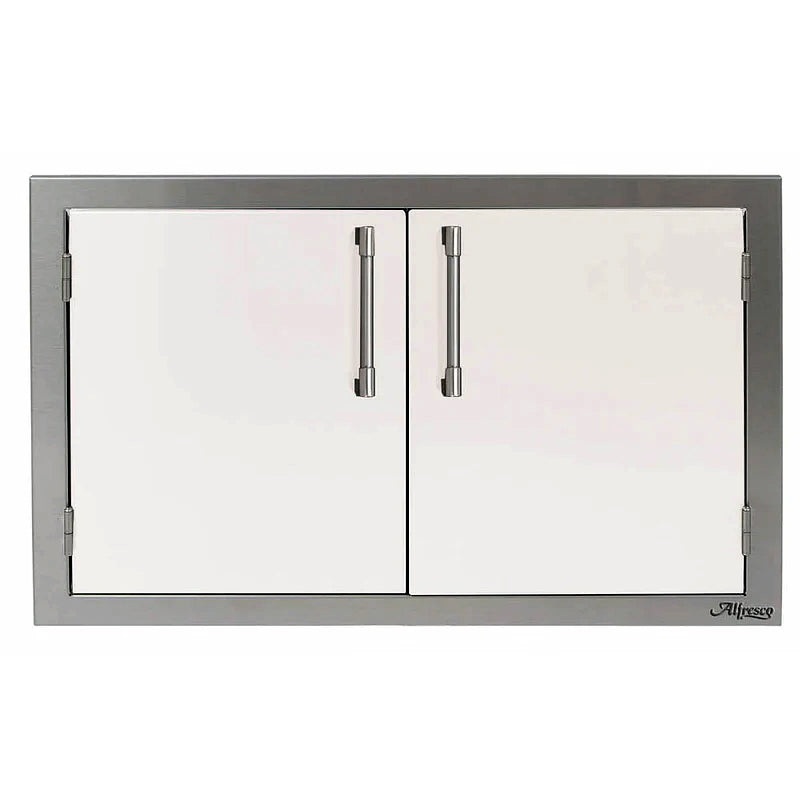 Alfresco double access doors in signal white on a a white background