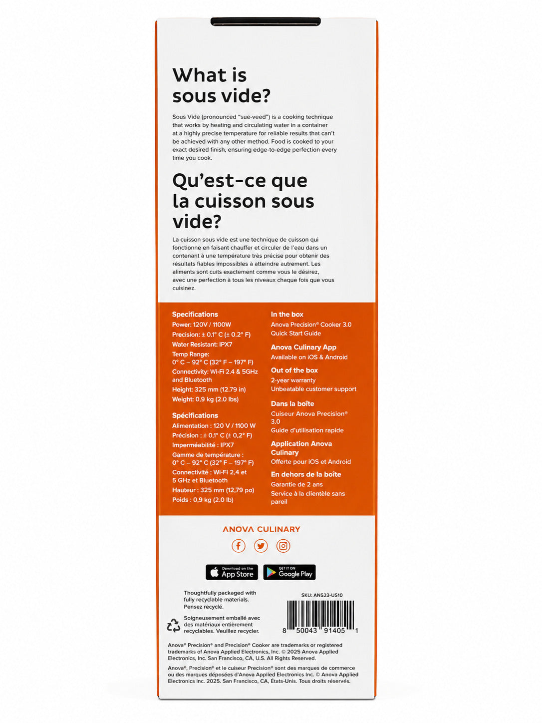 Back of Anova Precision Cooker 3.0 Sous Vide packaging with text and branding on a white background