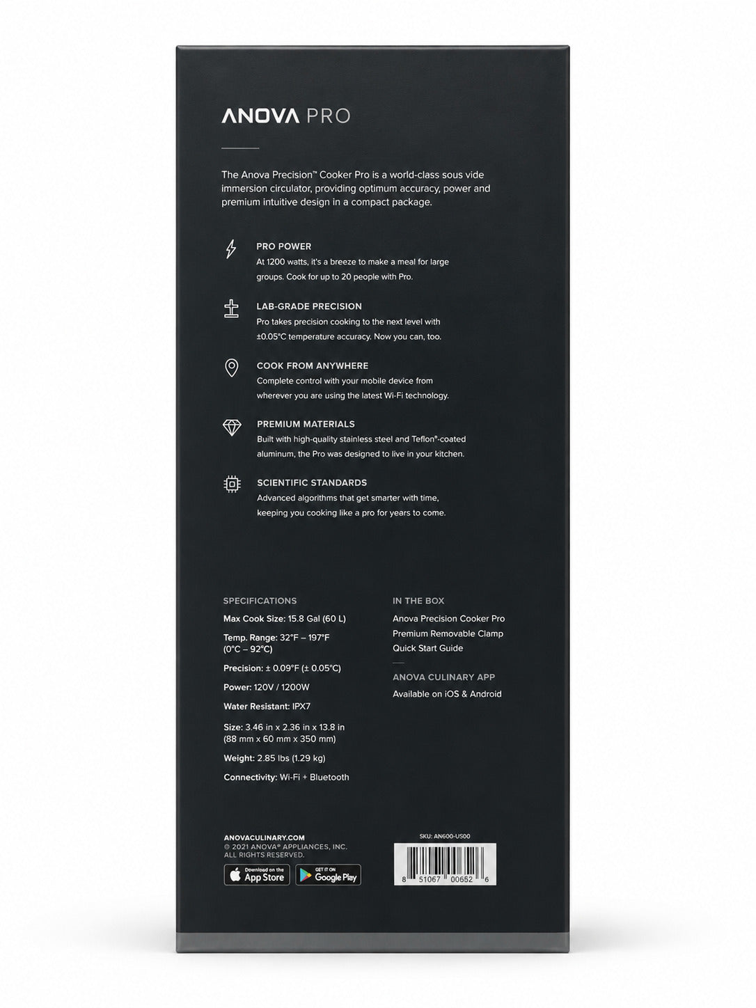 Back view of an Andova Pro Procision Cooker Sous Vide product packaging with text and specifications on a white background
