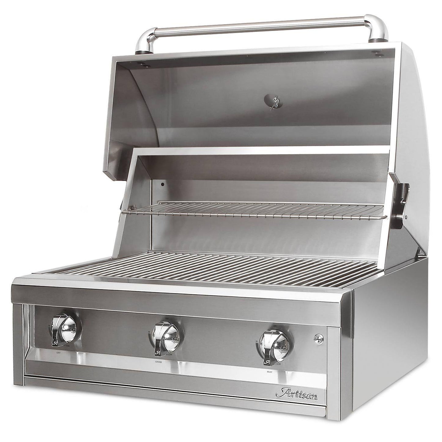 Artisan American Eagle Series 32-Inch Gas Grill with lid open on a white background