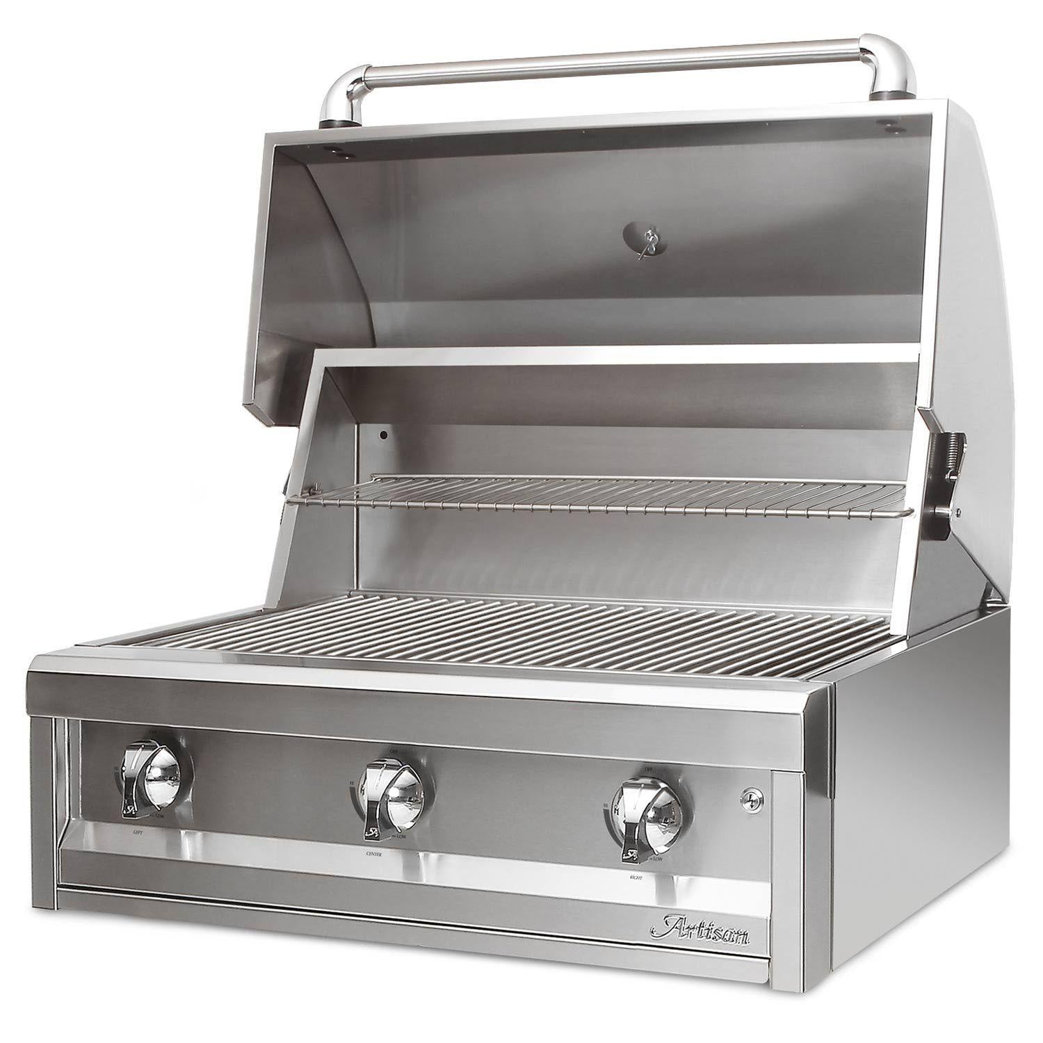 Artisan American Eagle Series 32-Inch Gas Grill with lid open on a white background