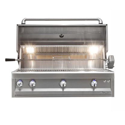 Artisan Professional Series 42-Inch Gas Grill with lid open on a white background