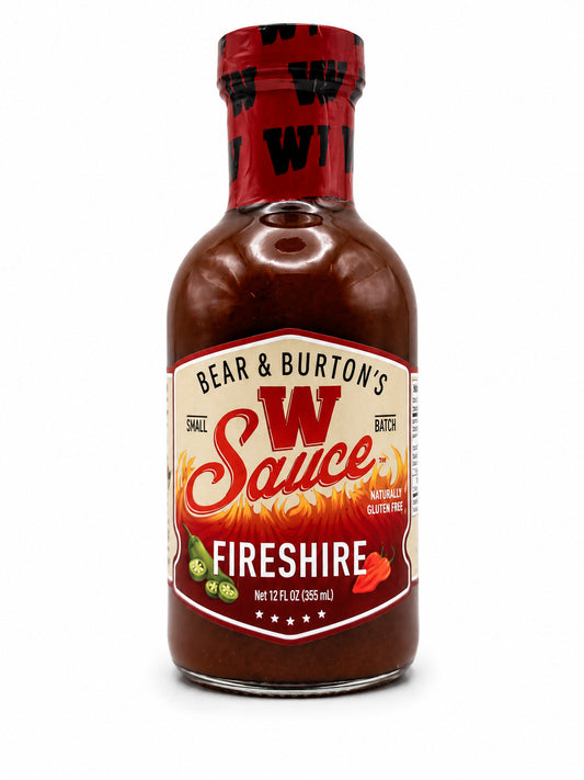 Bottle of Bear & Burton's W Sauce Fireshire on a white background