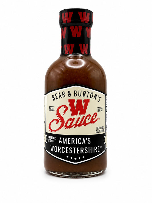 Bottle of Bear & Burton's Worcestershire sauce on a white background