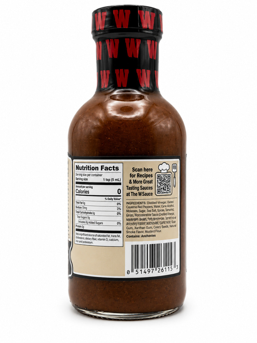 Bottle of W sauce with label showing nutrition facts and QR code on a white background
