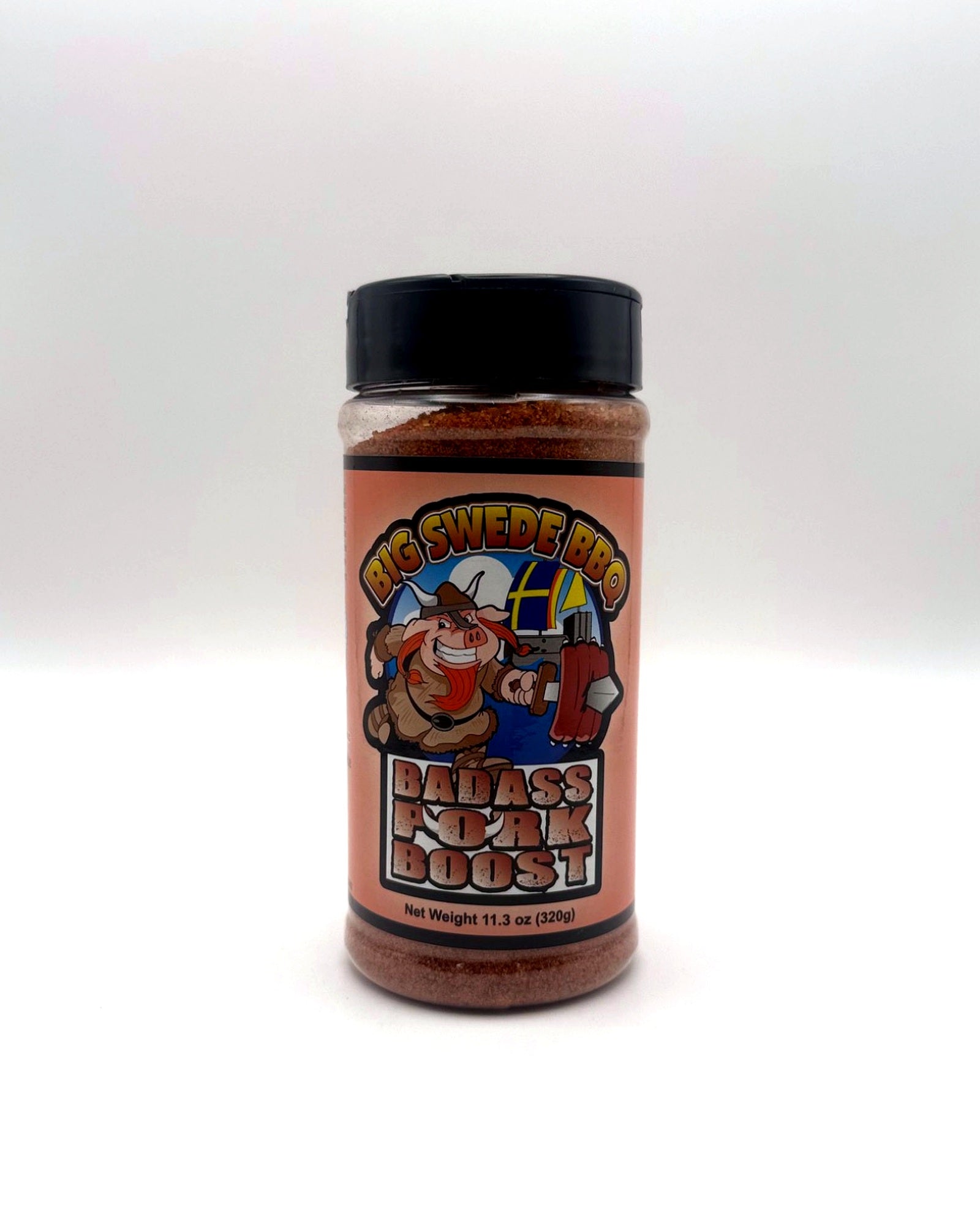 Bottle of Big Swede BBQ Badass Pork Boost on a white background
